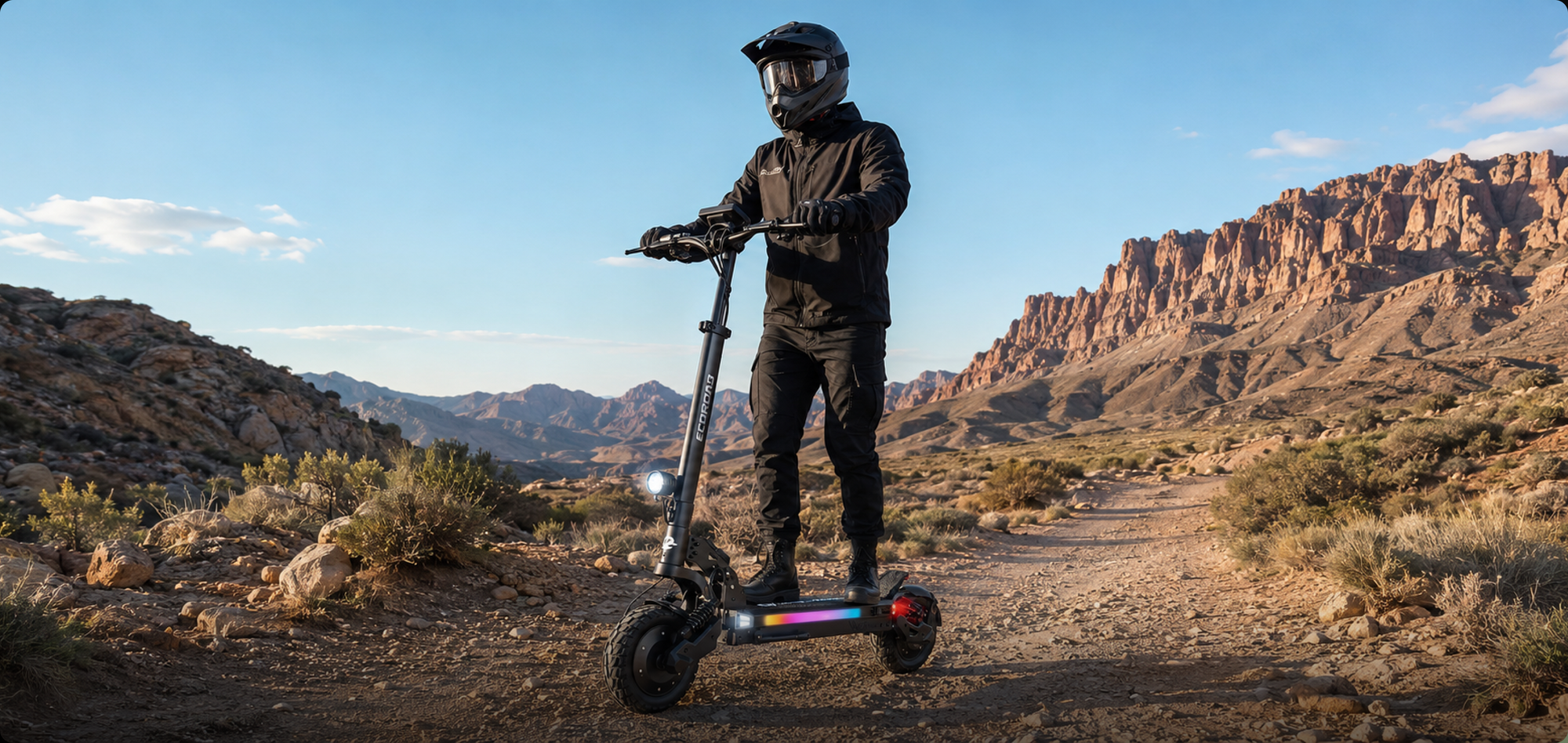 Electric scooter rider in desert
